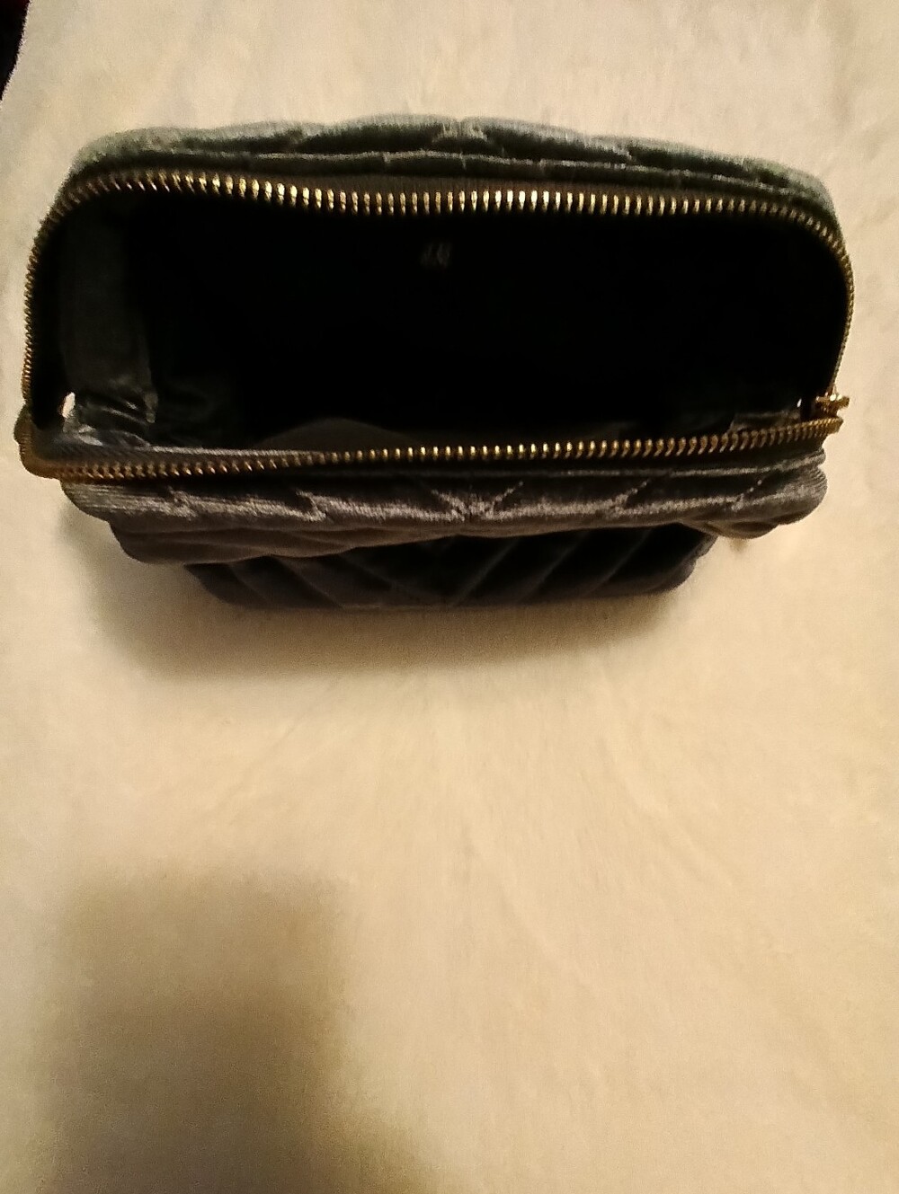 Quilted Make Up Pouch - Gray Velour Like New,  H  n M , Gold Zipper